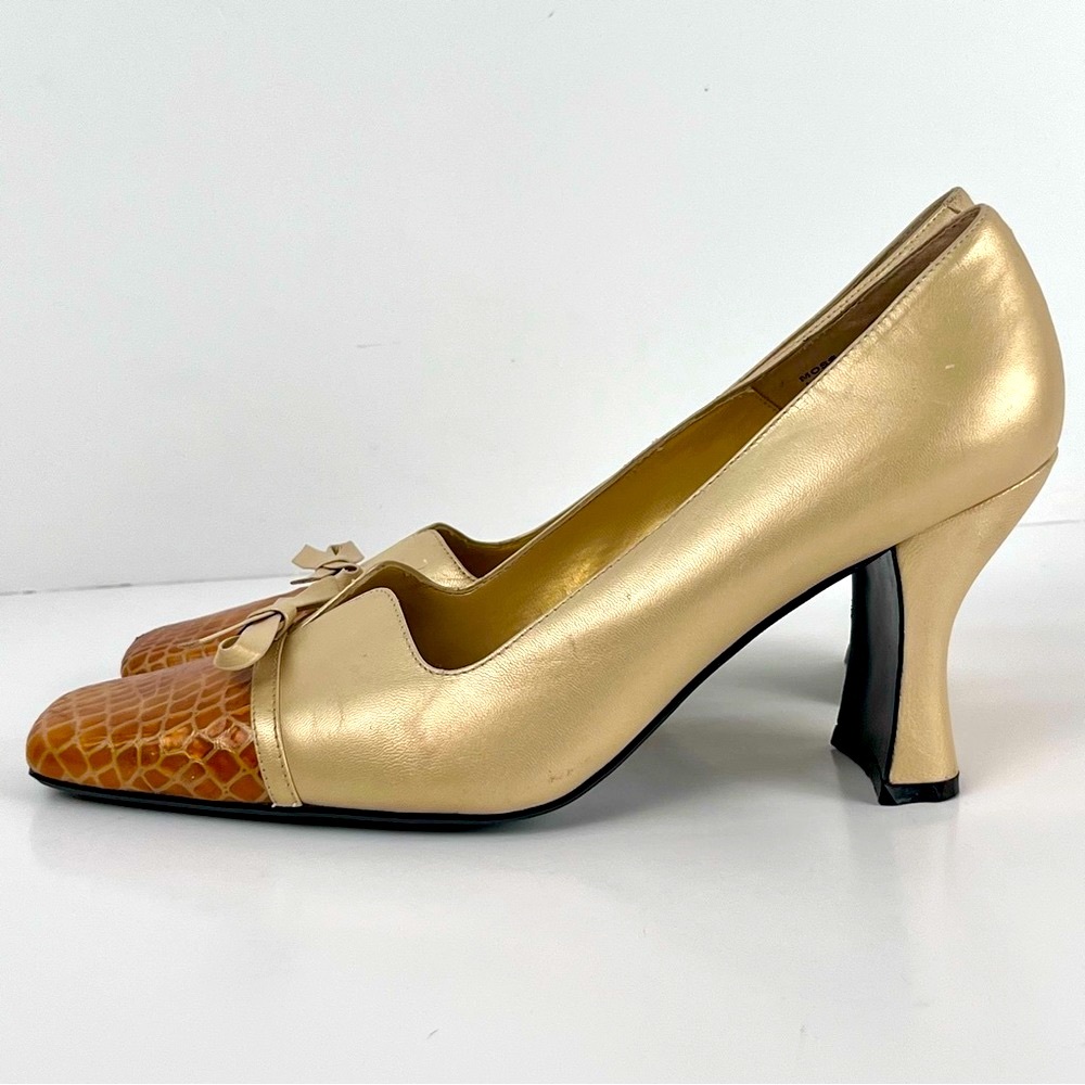 Bellini Shoe Pump Size 9 Gold Faux Croc Embossed Leather Block Heel Square Toe